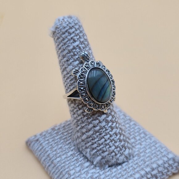 Size 7 Sterling Silver Abalone Shell And Marcasite Turtle Ring A5342 - Picture 2 of 9